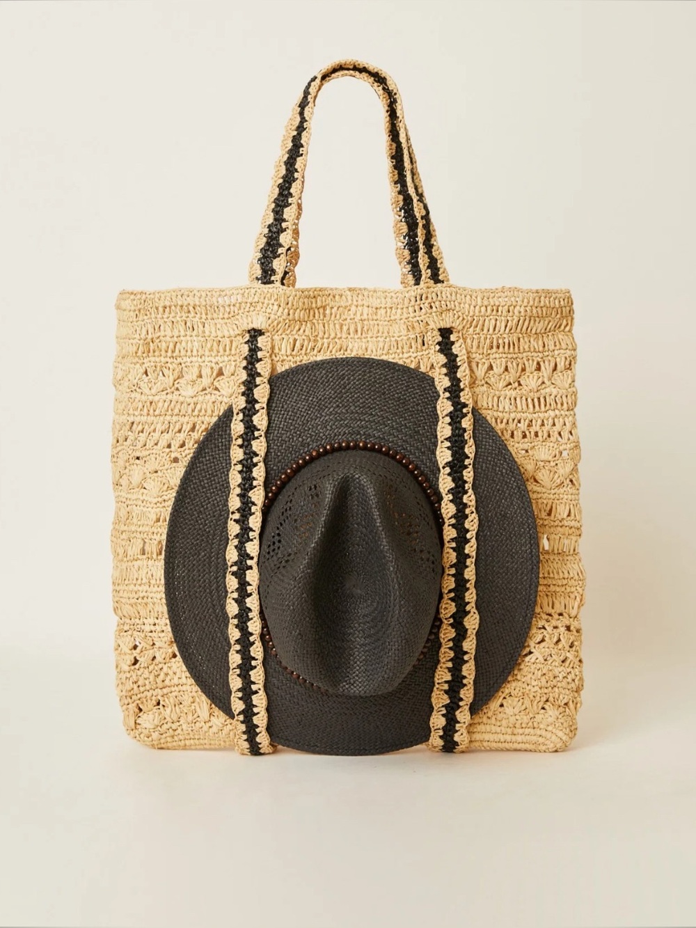 BTB Los Angeles Woven Tote Bag in Tan with Black Stripes